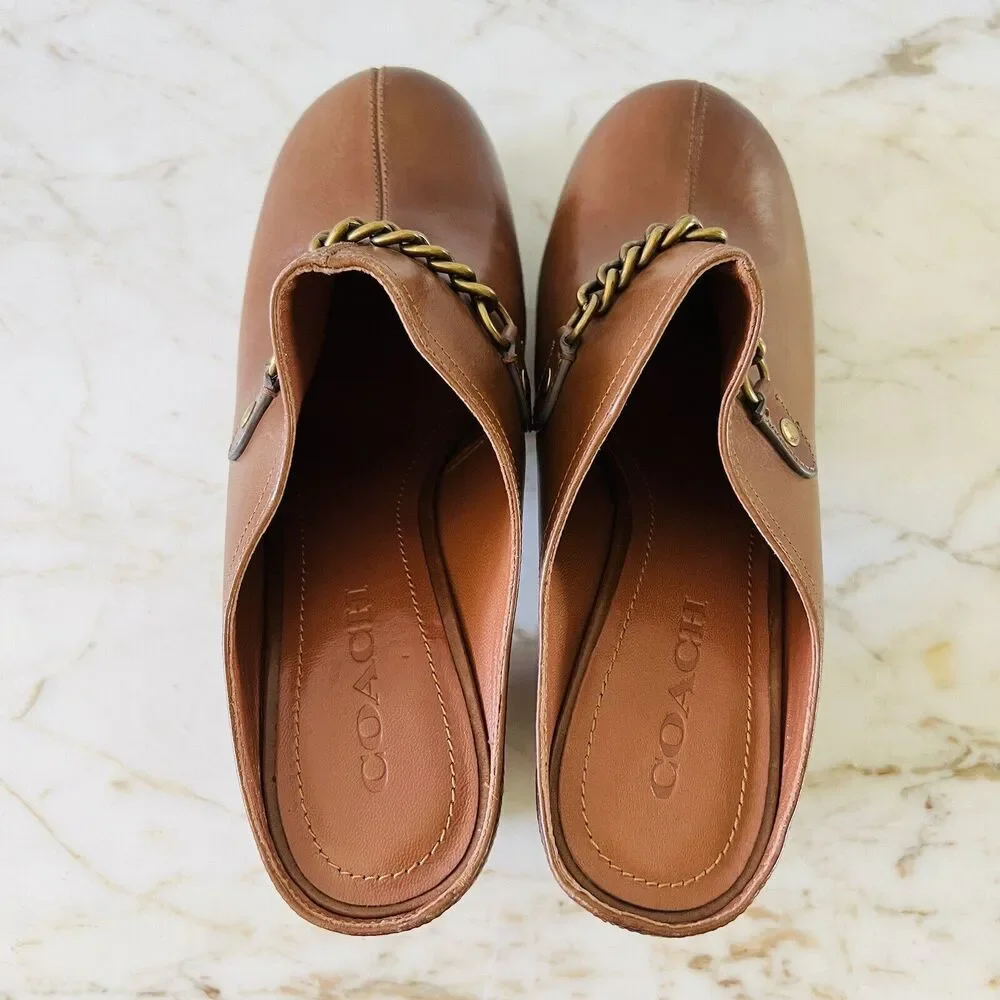 COACH Brown Leather Metal Chain Slip On Clog With High Chunky Heels - US 9.5